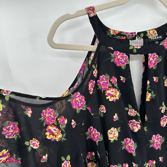 Torrid Multi Color Floral Print Chiffon Cold Shoulder V Neck‎ Dress Size 20 - Picture 3 of 4